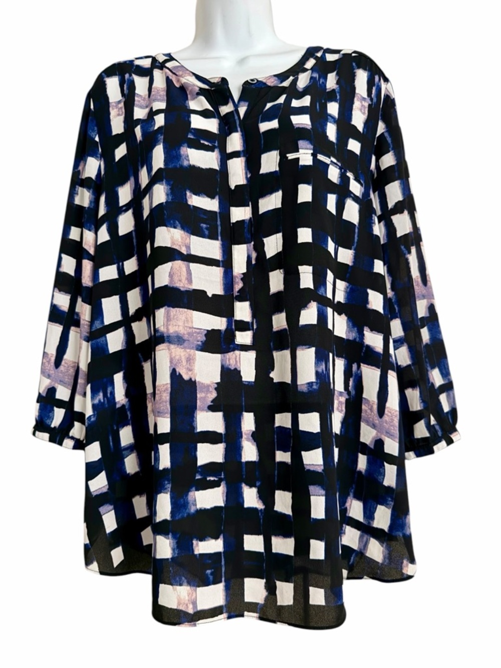 NYDJ Black White Brushstroke Grid Tunic Blouse Size PXL Relaxed Business Casual